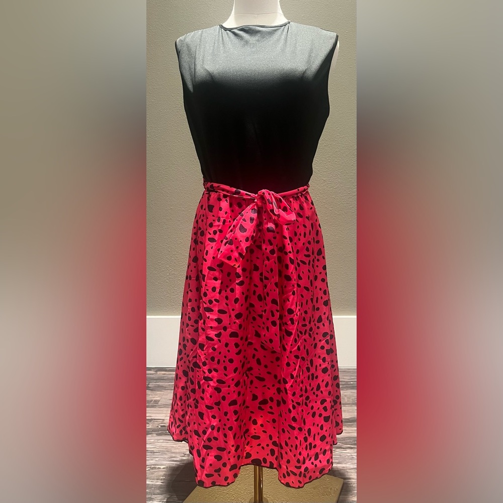 NWOT Black and Pink Midi Wrap Dress with Tie Front